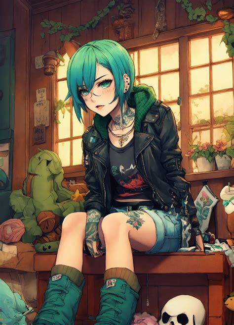 Lexica D Epic Anime Manga Style Punk Rock Girl Knitting At A Cozy