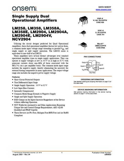 LM358A Datasheet PDF Single Supply Dual Operational Amplifiers