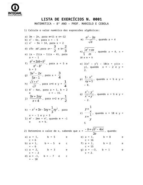 DOC LISTA DE EXERCÍCIOS N Matemática Web viewLISTA DE