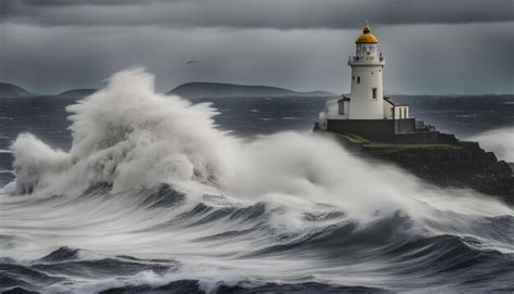 Premium Photo A Large Wave Crashing Into A Lighthouse With A Yellow Top