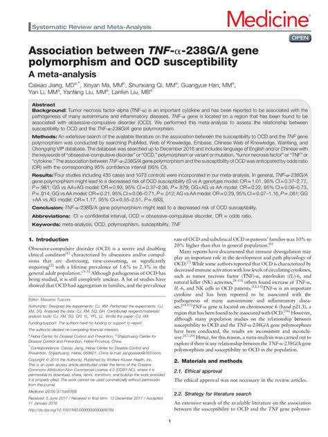 Pdf Association Between Tnf G A Gene Polymorphism And Ocd