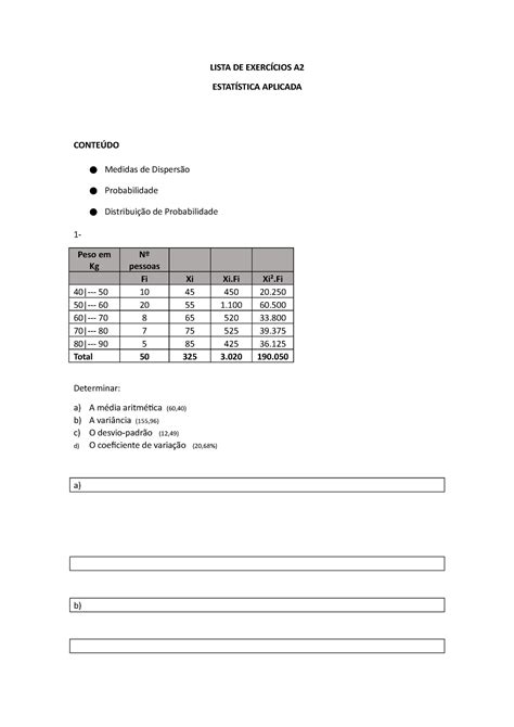 Lista de Exercícios Estatística Aplicada LISTA DE EXERCÍCIOS A