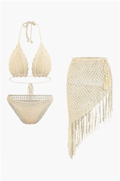 Crochet Halter Neck Bikini Set And Asymmetric Tassel Cover Up Set Micas