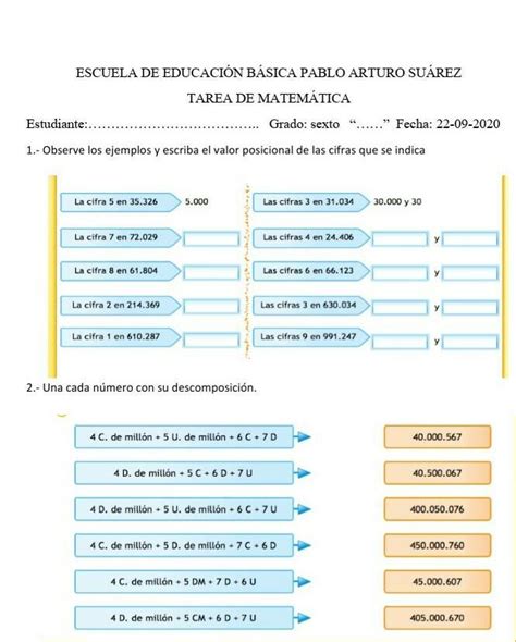 Observa Los Ejemplos Y Escribe El Valor Posicional De Las Cifras Que Se