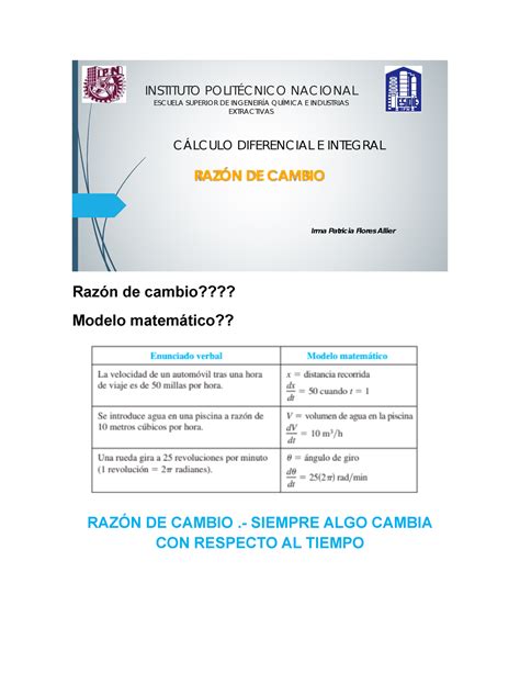 RAZÓN DE Cambio Ejemplo INSTITUTO POLITÉC NIC O NAC IONAL ESC UELA