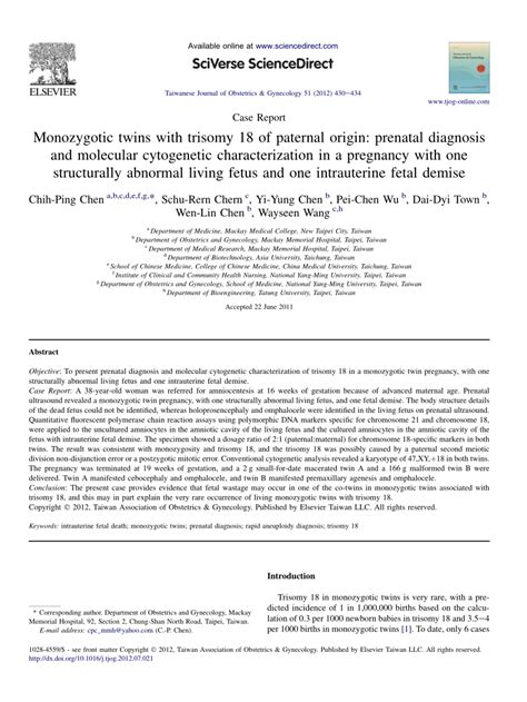 Pdf Monozygotic Twins With Trisomy 18 Of Paternal Origin Prenatal Diagnosis And Molecular