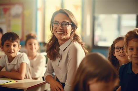 Retrato De Una Hermosa Maestra Sonriente En Una Clase En La Escuela