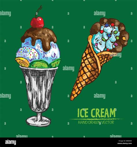 Digital Vector Detailed Line Art Ice Cream In Waffle Cone And Bowl Hand