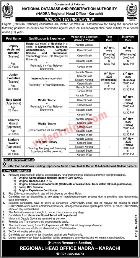 NADRA Karachi Jobs 2022 For Junior Executives Deputy Assistant