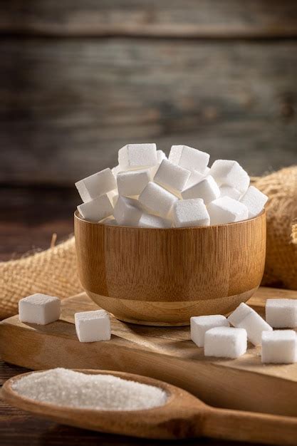 Premium Photo White Sugar Cubes In Wooden Bowl And Granulated Sugar