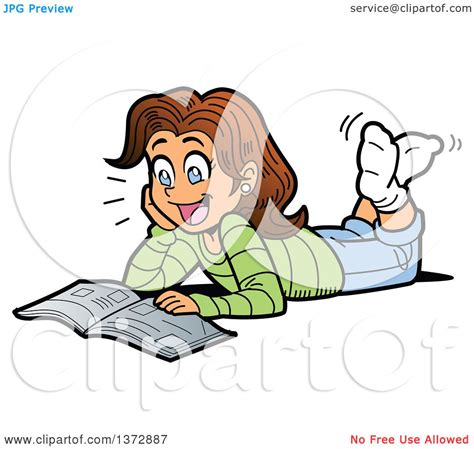 Clipart Of A Excited Brunette White Girl Reading A Magazine On The