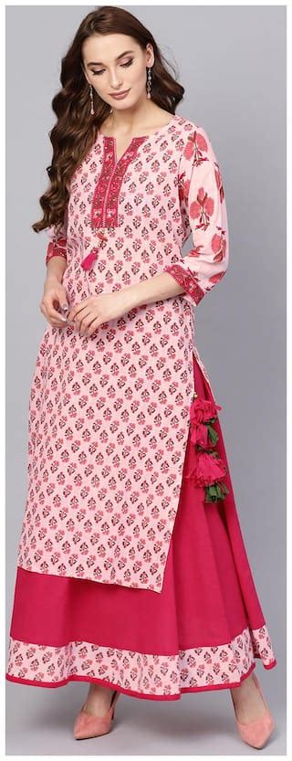 Buy Jaipur Kurti Women Pink Ethnic Motifs Straight Kurta With Skirt