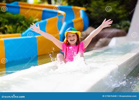 Kids on Water Slide in Aqua Park. Summer Vacation Stock Photo - Image ...