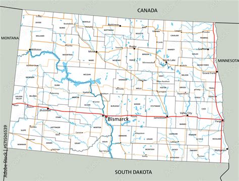 High detailed North Dakota road map with labeling. Stock Vector | Adobe ...