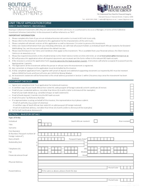 Fillable Online Unit Trust Application Form Harvard House Fax Email