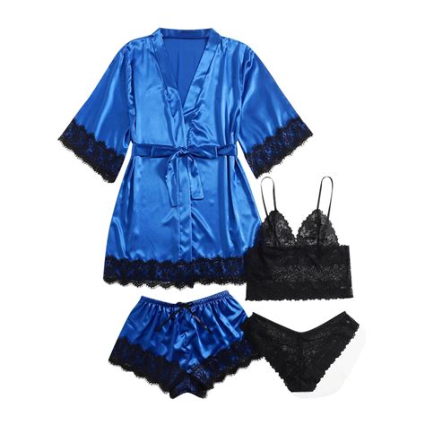 Brnmxoke Womens Lingeries Silk Pajamas Robes Set 4pcs Sexy Pjs Cami Shorts Satin Sleepwear Soft