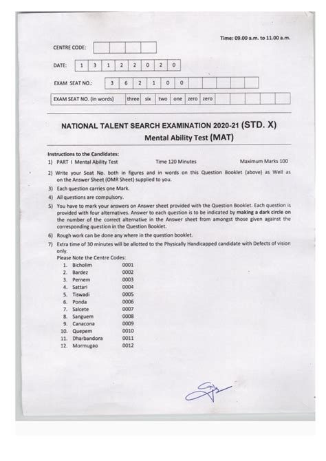 Goa NTSE 2020 21 Question Paper With Answer Key MAT