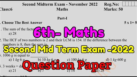 6th Maths Second Midterm Exam 2022 Model Question Paper 2022 Pdf