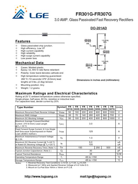 Fr G Datasheet Pdf Glass Passivated Fast Recovery Rectifiers