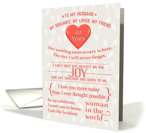 Happy 20th Anniversary to Husband Word Art in Coral card (1558266)