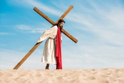 Shirtless Jesus Crucified On Wooden Cross Isolated On Black Fototapete