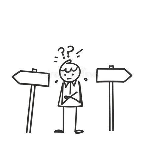 Hand Drawn Doodle Stick Man Character Confused By The Signpost