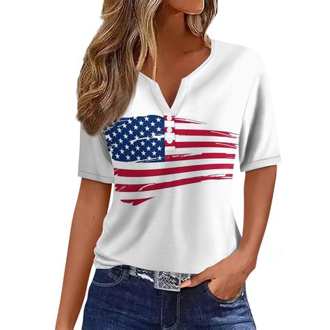 Mohiass Independence Day Henley V Neck Shirts For Women 4th Of July