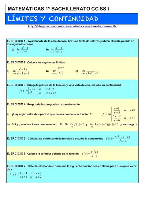 LÍMITES Y CONTINUIDAD EJERCICIOS RESUELTOS PDF ツ Exámen de