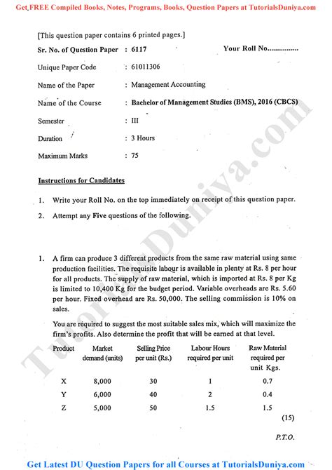 Management Accounting Question Paper 2016 Tutorials Duniya