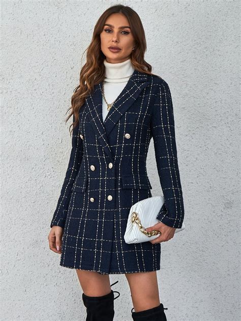 Shein Priv Plaid Double Breasted Tweed Overcoat Shein Uk