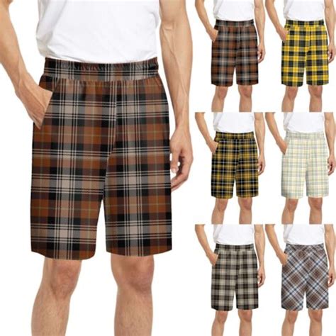 Mens Fashion Trend Casual Plaid Print Elastic Waist Shorts Home Pants