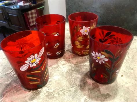 Vintage Set 4 Ruby Red Glass Painted Juice Tumblers Drinking Etsy