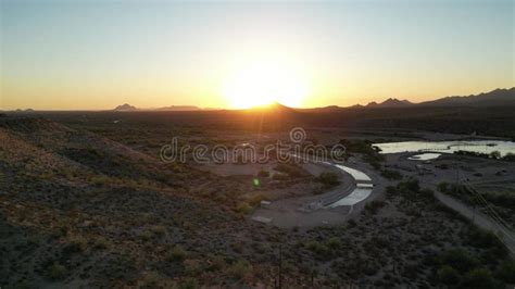 drone view  arizona desert landscape  sunset   winding