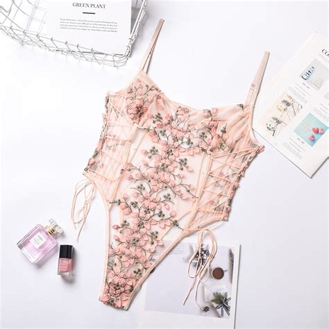 Erotic See Through Bodysuit Strappy Mesh Lingerie Floral Embroidery