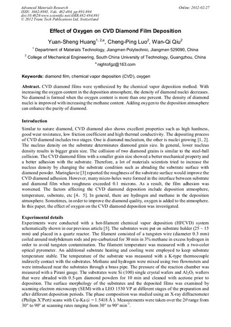 Effect Of Oxygen On Cvd Diamond Film Deposition Scientificnet