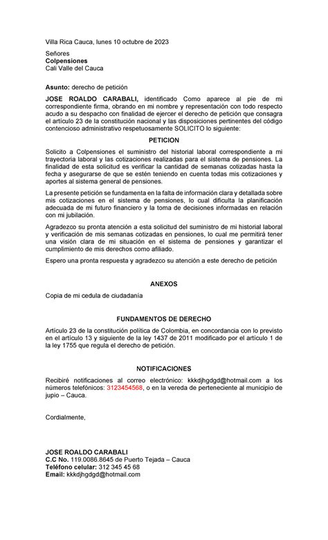 Derecho De Peticion De Roaldo Villa Rica Cauca Lunes Octubre De