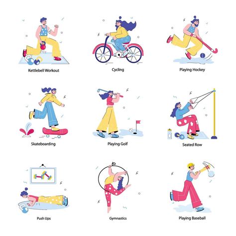 trendy doodle mini illustrations depicting fitness sports