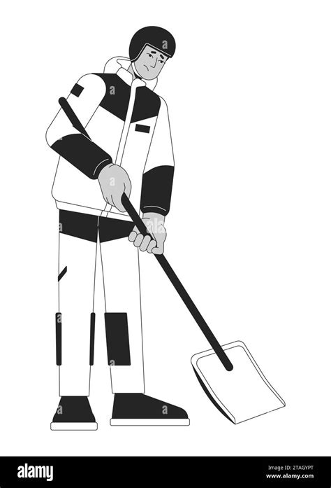 Snow Mountain Rescuer Shoveling Out Black And White 2d Line Cartoon