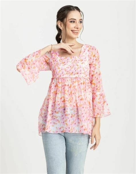 Buy Moomaya Women Printed Smocked Square Neck Top Bell Sleeves Ruffled