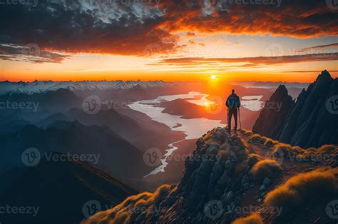 Hiker On The Top Of A Mountain With A Beautiful View Of The Sunset