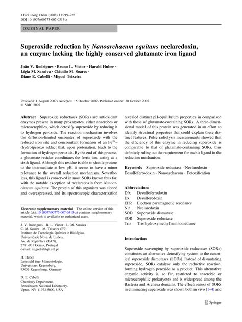 (PDF) Superoxide reduction by Nanoarchaeum equitans neelaredoxin, an enzyme lacking the highly ...