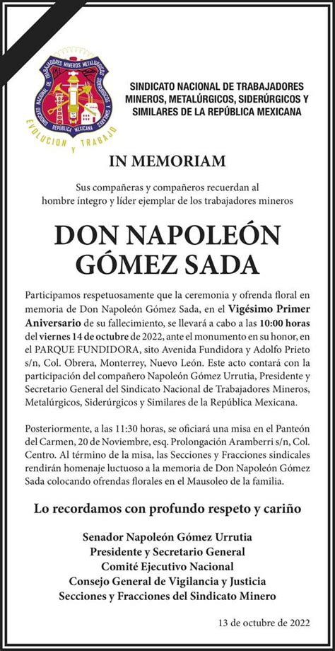 Don Napoleón Gómez Sada Obituario Esquela