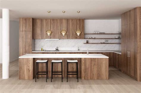 A Large Kitchen With Wooden Cabinets And White Counter Tops Along With