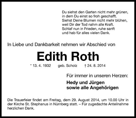 Traueranzeigen Von Edith Roth Trauer Nn De