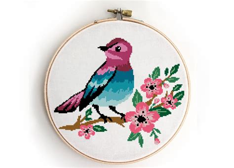 Set Of 4 Birds On Branch With Flowers Counted Cross Stitch Etsy