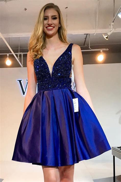 A Line V Neck Short Mini Satin Short Royal Blue Beaded Prom Dress