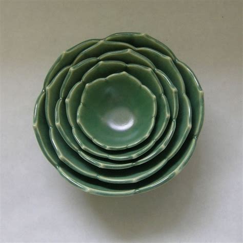 Ceramic Nesting Lotus Bowls Serving Bowls Set Of Five Green