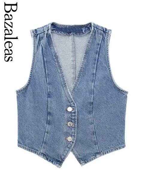 Store Traf Official Buttons Women S Vest Blue Denim Sleeveless