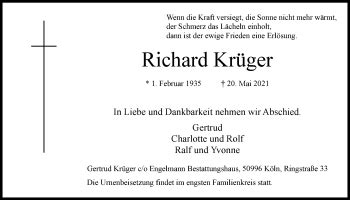 Traueranzeigen von Richard Krüger WirTrauern