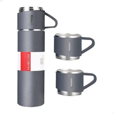 Garrafa Térmica a Vácuo Inox Kit 3 Xícaras CINZA Vacuum Flask Set 500ml